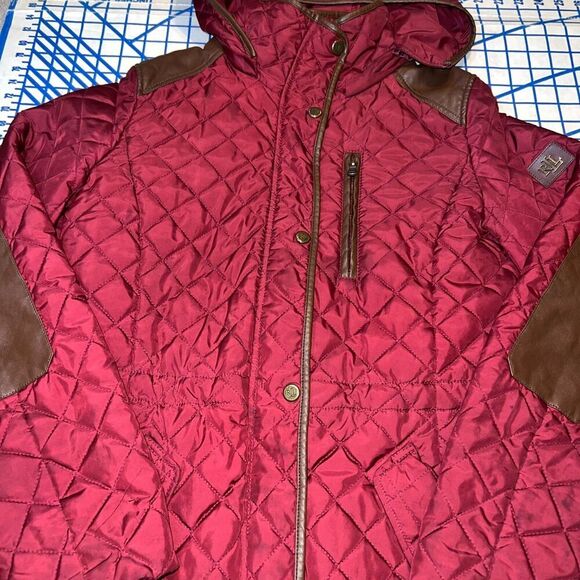 Ralph Lauren Diamond Quilted Jacket Red Faux Leather Trim Women's Size S - Picture 6 of 8